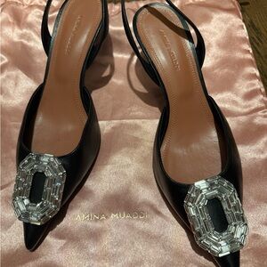 Amina Muaddi Black Heels with Silver Crystal Detail